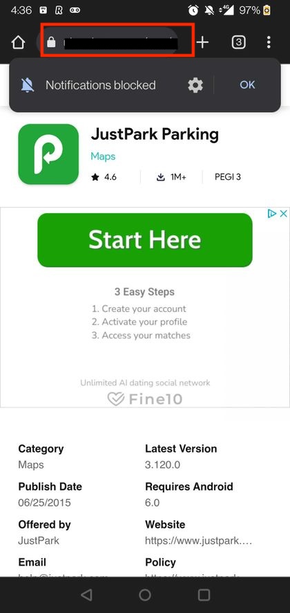 Example of fraudulent website