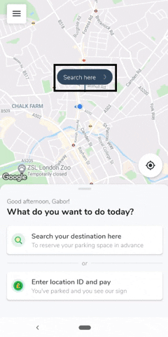 Animated example showing how to search and reserve a space in the JustPark app
