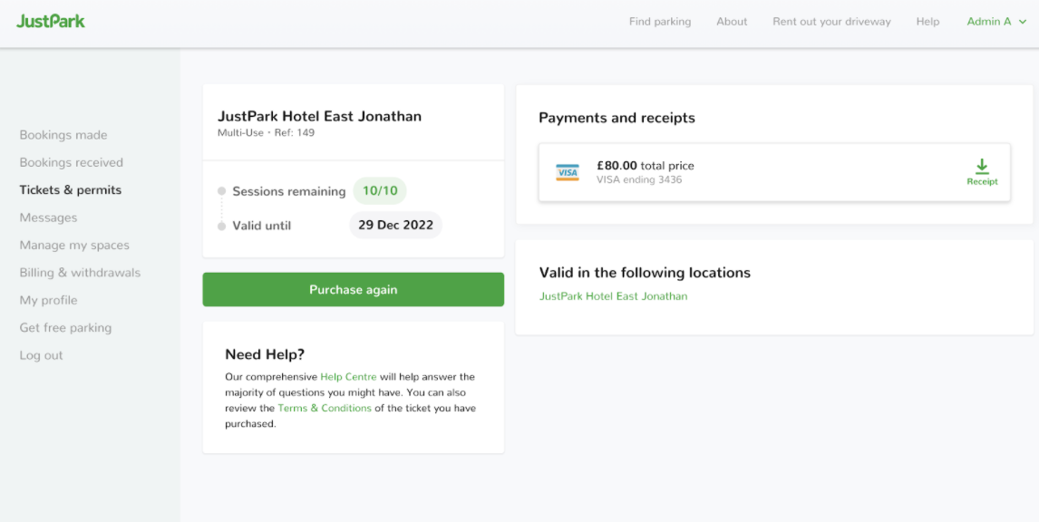 Example of remaining sessions, eligible locations and receipt download