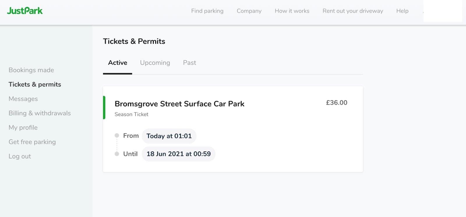 Tickets & Permits page showing active season ticket