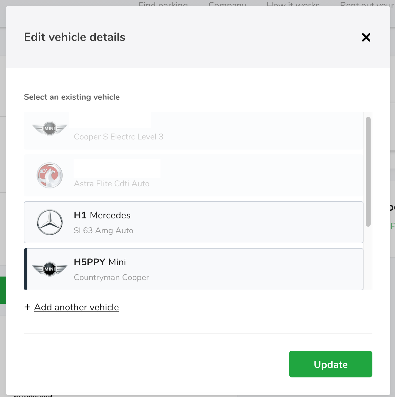 Vehicle selection pop-up
