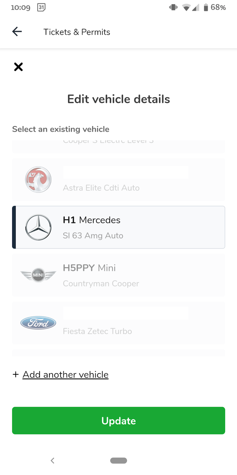 Vehicle selection pop-up in app