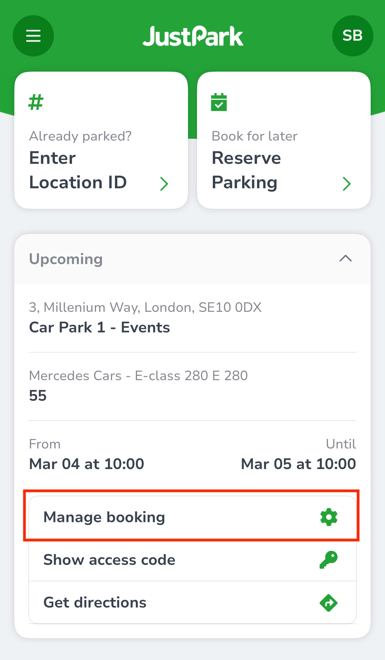 JustPark app showing My Bookings with Manage Booking highlighted