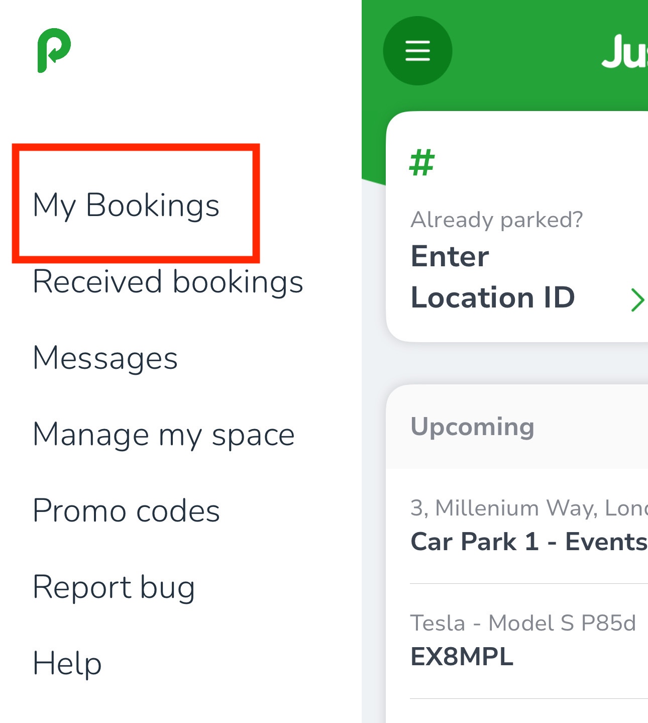 My Bookings page with Upcoming tab highlighted